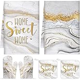 Bencailor 6 Pcs Marble Kitchen Decor Gold Pot Holders Oven Mitts 2 Dish Towels 2 Farmhouse Cooking Mittens Oven Glove and Potholder for Baking Cooking Grilling Supply Accessories(White)