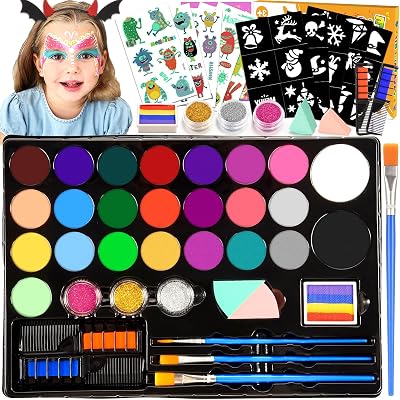Grriopi Face Painting Kit 28 Colors 30 Templates 3 Brushes Kids Gift