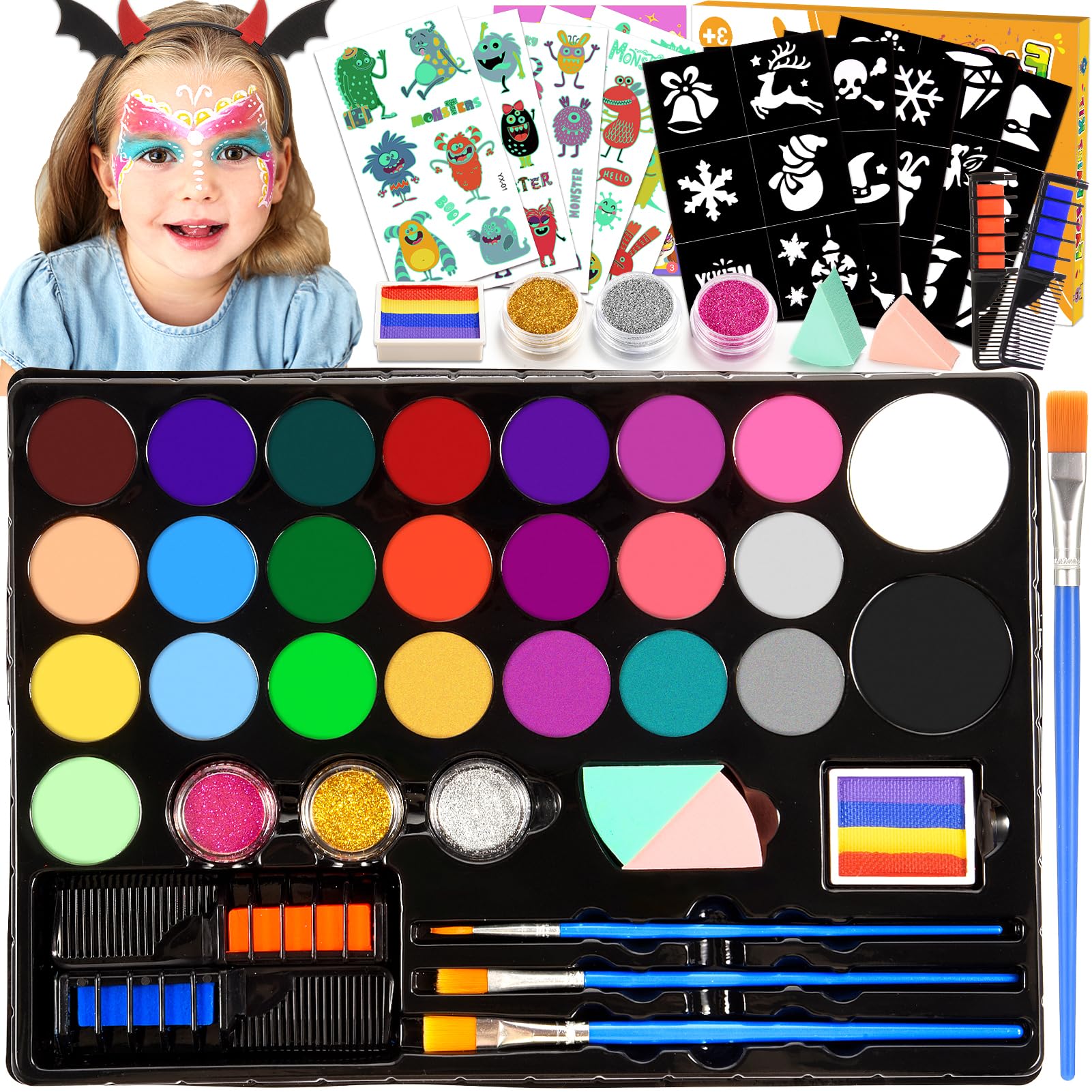 Face Painting Kit for Children, 28 Colors Face Body Paints with 3 Brushes 30 Stencils Girls Toys Age 4-9 Carnival Halloween Gifts for Girl 5 6 7 8 9 Year Old Xmas Washable Non Toxic Kids Makeup Set