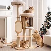 Kicari 50" Modern Cat Tree for Indoor Cats Small to Medium, Solid Wood Cat Tower with Sisal Scratching Posts, Cat Scratcher Cardboard, Cozy Cat Beds &amp; Hidden Cat Condo, Multi-Level Cat Furniture