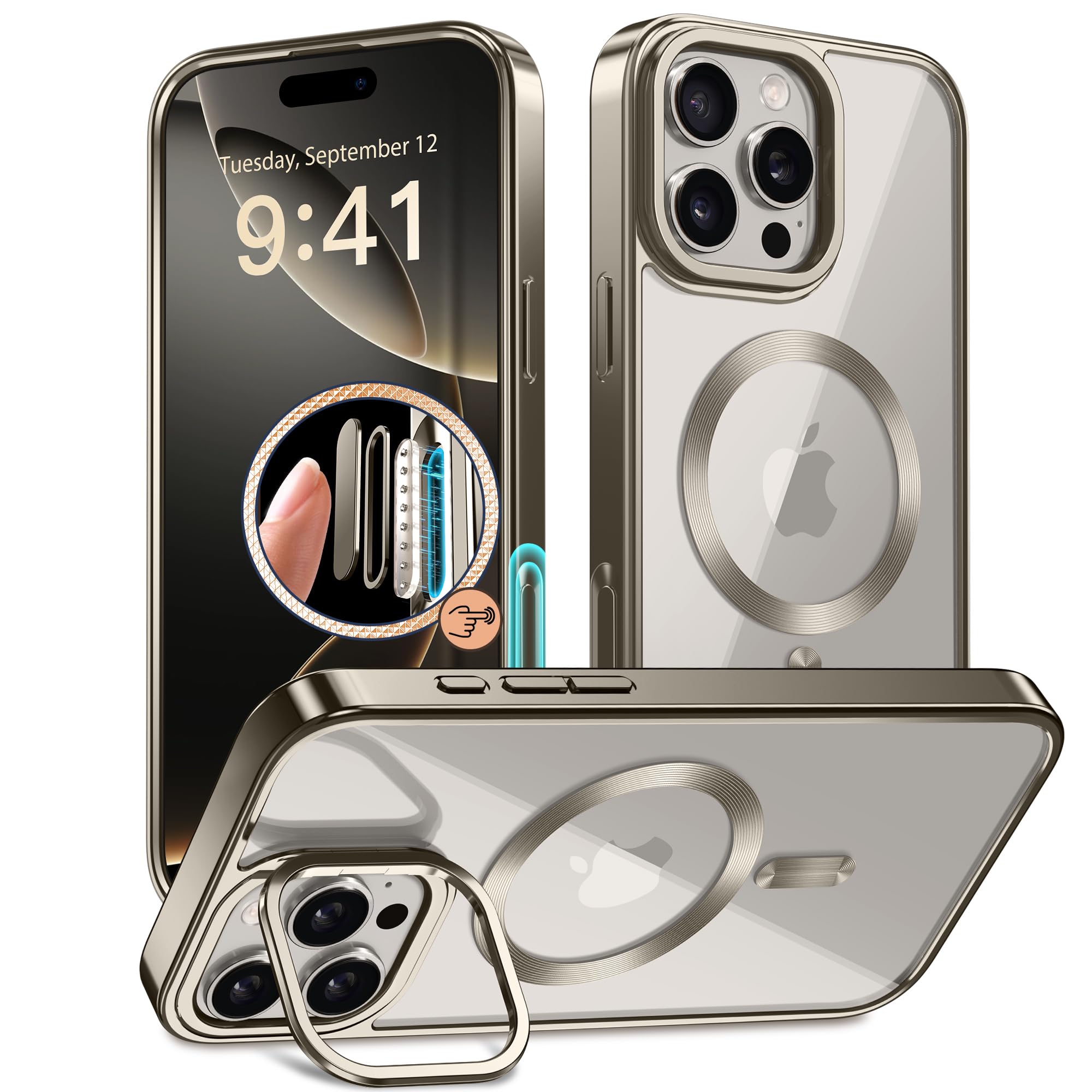 GolbinBox Magnetic for iPhone 16 Pro Max Case with Stand, [Compatible with MagSafe], Camera Control Capture Button, 16FT Military-Grade Protection, Shockproof Slim Phone Case 6.9"(Titanium Gray/Clear)