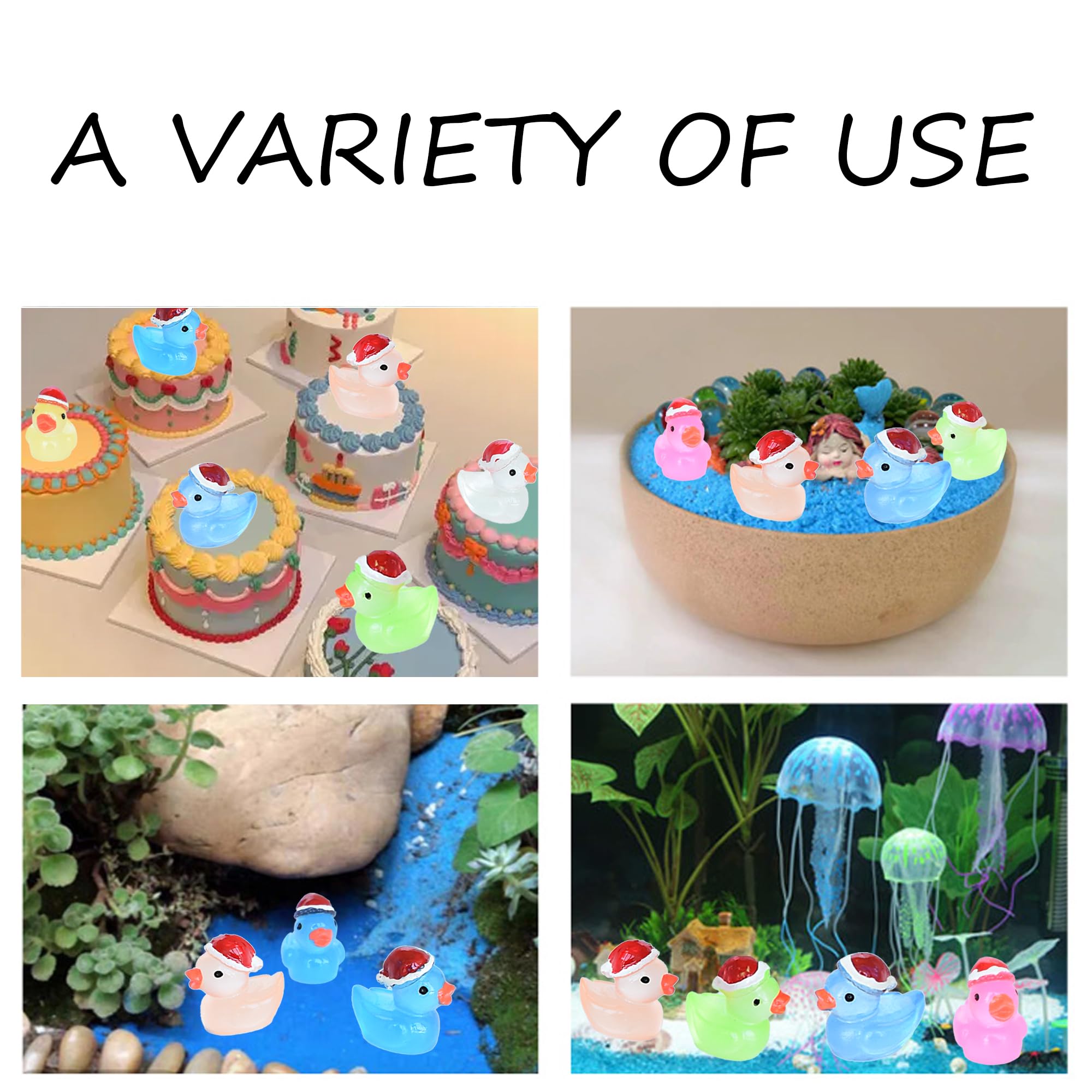 Tindobewan 50 PCS Tiny Ducks Glow in The Dark Mini Resin Ducks Miniature Christmas Hat Duck Figures Ornament for Xmas, Craft, Dollhouse, Slime, Home Decorations(10 Colors)