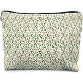 KBRCT Grandmillennial Pink and Green Flower Makeup Bag for Women, Pastel Pink Floral Cosmetic Bag for Purse, Grand Millenial Cottagecore Wild Flower Makeup Zipper Pouch