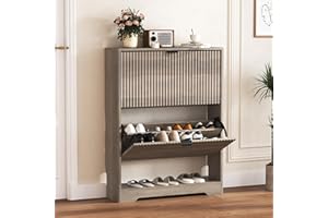 HUANLEGO Shoe Cabinet Storage for Entryway with 2 Flip Drawers, Grey Fluted Shoe Cabinet with Open Storage, Wooden Hidden Shoe Rack Freestanding Narrow Slim Shoes Organizer for Hallway, Entrance