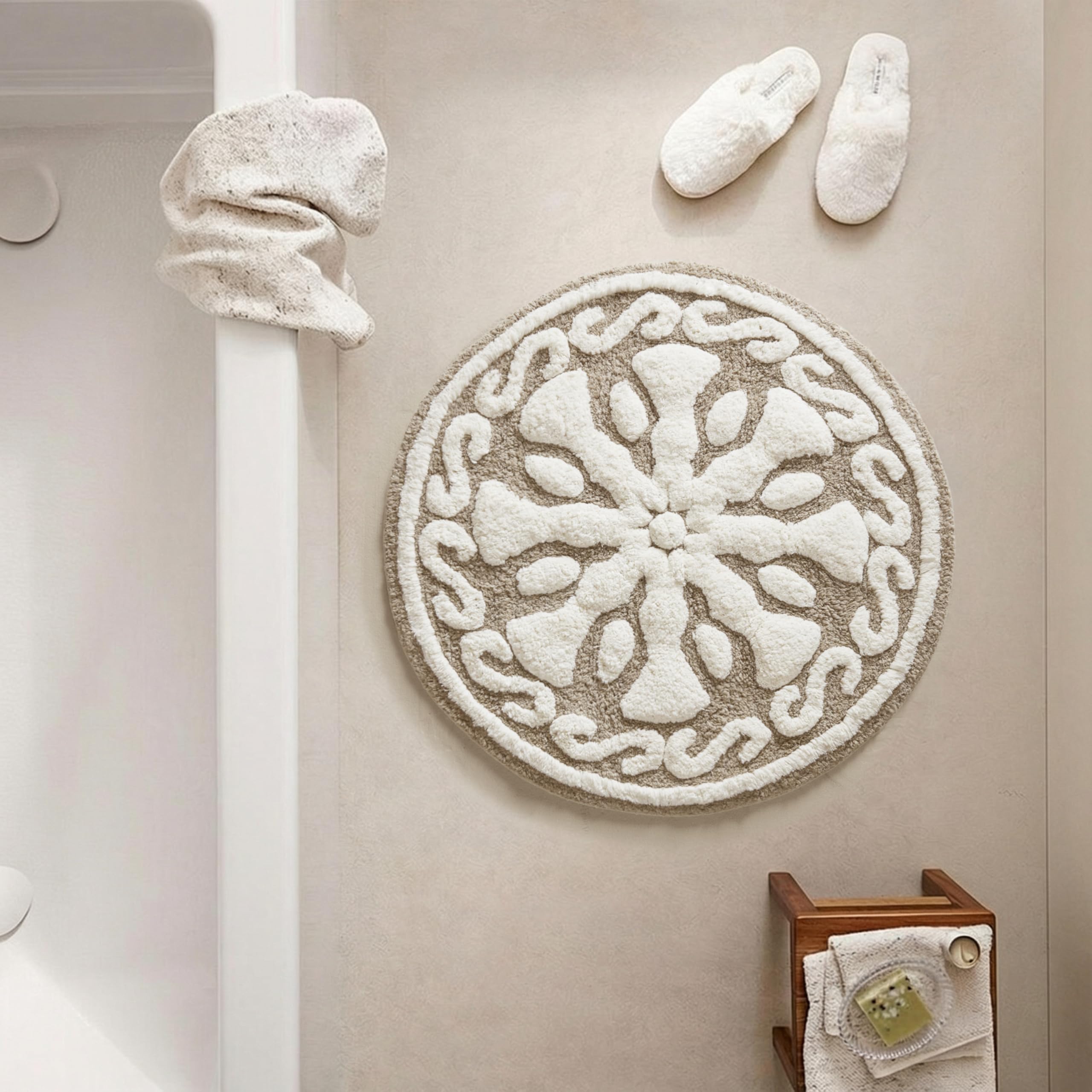 Madison Park Casablanca 100% Cotton Tufted Bathroom Rugs Luxurious Plush Medallion Floral Pattern Bath Mat Absorbent, Quick Dry, Spa Design Shower Room Décor, Round 25", Taupe
