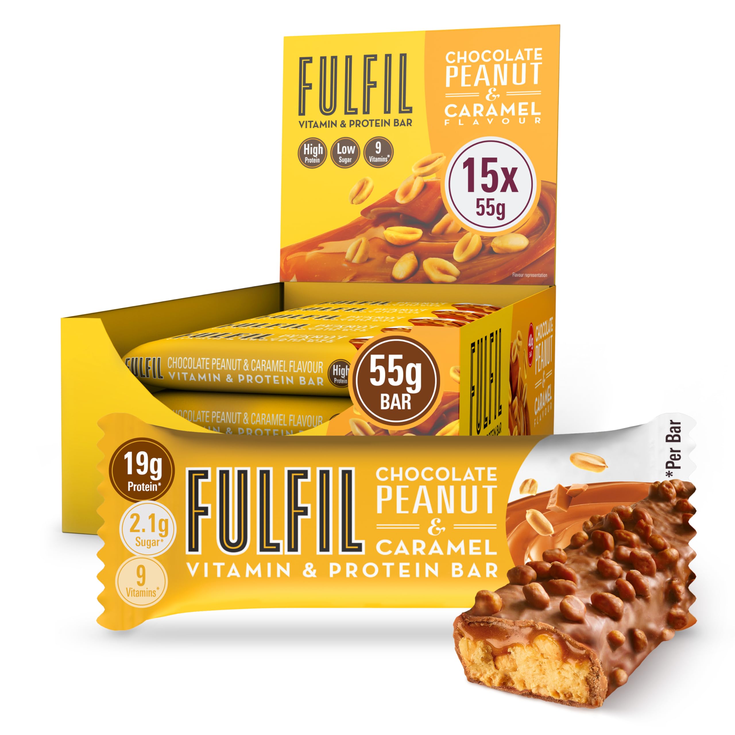 FULFIL Vitamin and Protein Bars (15 x 55 g Bars) - Chocolate Peanut & Caramel Flavour - 20 g High Protein; 9 Vitamins; Low Sugar