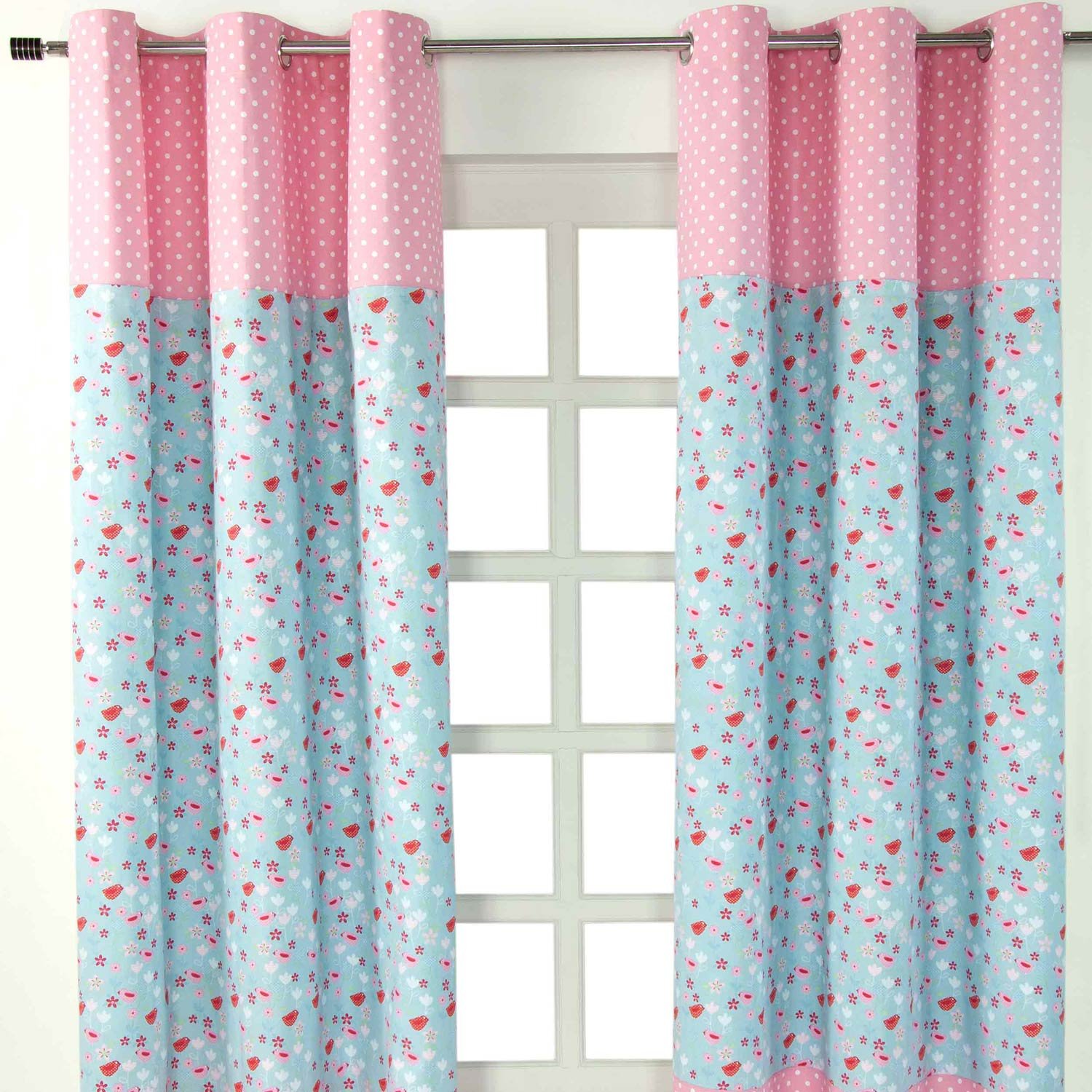HOMESCAPES Bird and Flowers Eyelet Curtains 100% Cotton Red, Pink & Blue Children’s Curtains For Kids Bedroom Unlined One Pair - 137cm (54") Wide x 182cm (72") Drop