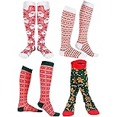 Suhine 4 Pairs Christmas Compression Sock Gift, Christmas Knee High Sock Long Calf Stocking for Xmas Adult Women Nurses Men