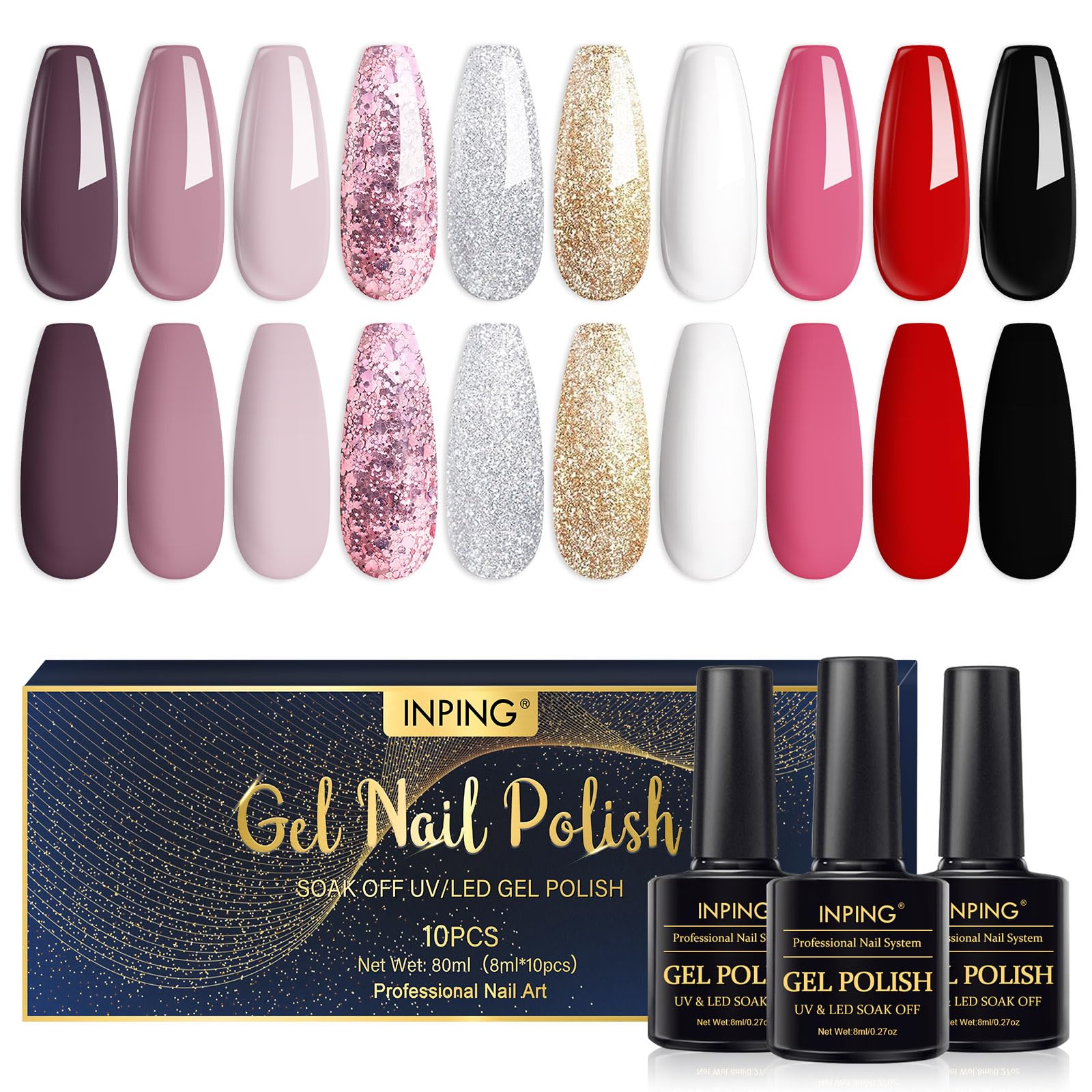 INPING Gel Nail Polish, 10 Colors Pink Black Red Gel Polish, Nude Pink Glitter Gold Silver White Shimmer Rose Pink Varnish Gel Soak Off UV/LED For DIY Nail Art Manicure Kit, Christmas Beauty Set