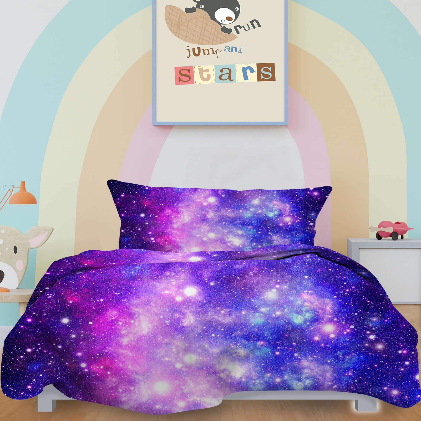 YUANZU Space Duvet Cover Set Single for Kids Boys Girls Galaxy Bedding Set 2 Pieces Universe Stars Nebula Starry Sky Printed Soft Microfiber Quilt Cover with Zipper Closure (135x200cm & 1Pillowcase)