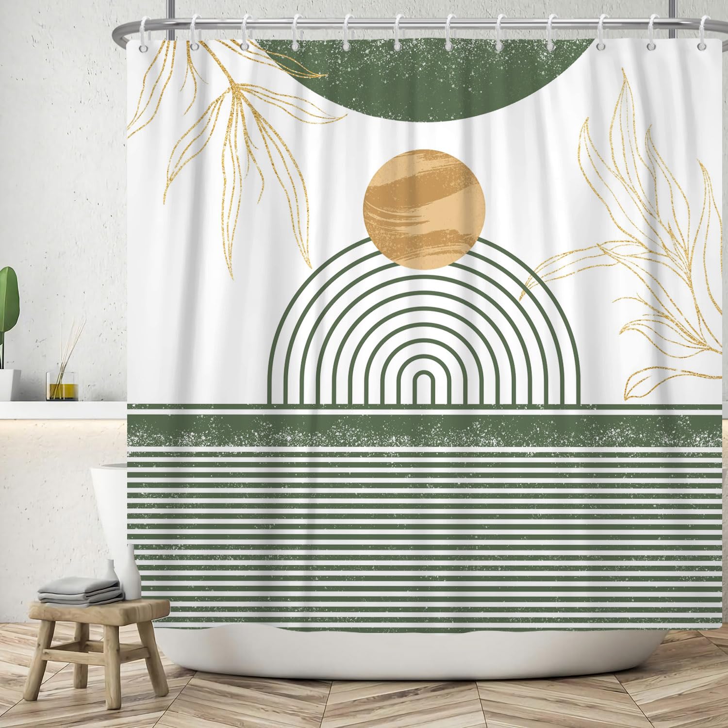 ASDCXZ Boho Shower Curtain 180 x 180 cm, Modern Abstract Art Sage Green Line Gold Leaves Khaki Sun Bath Washable Shower Curtains Polyester Textile Waterproof Bath Curtain for Bath with 12 Hooks