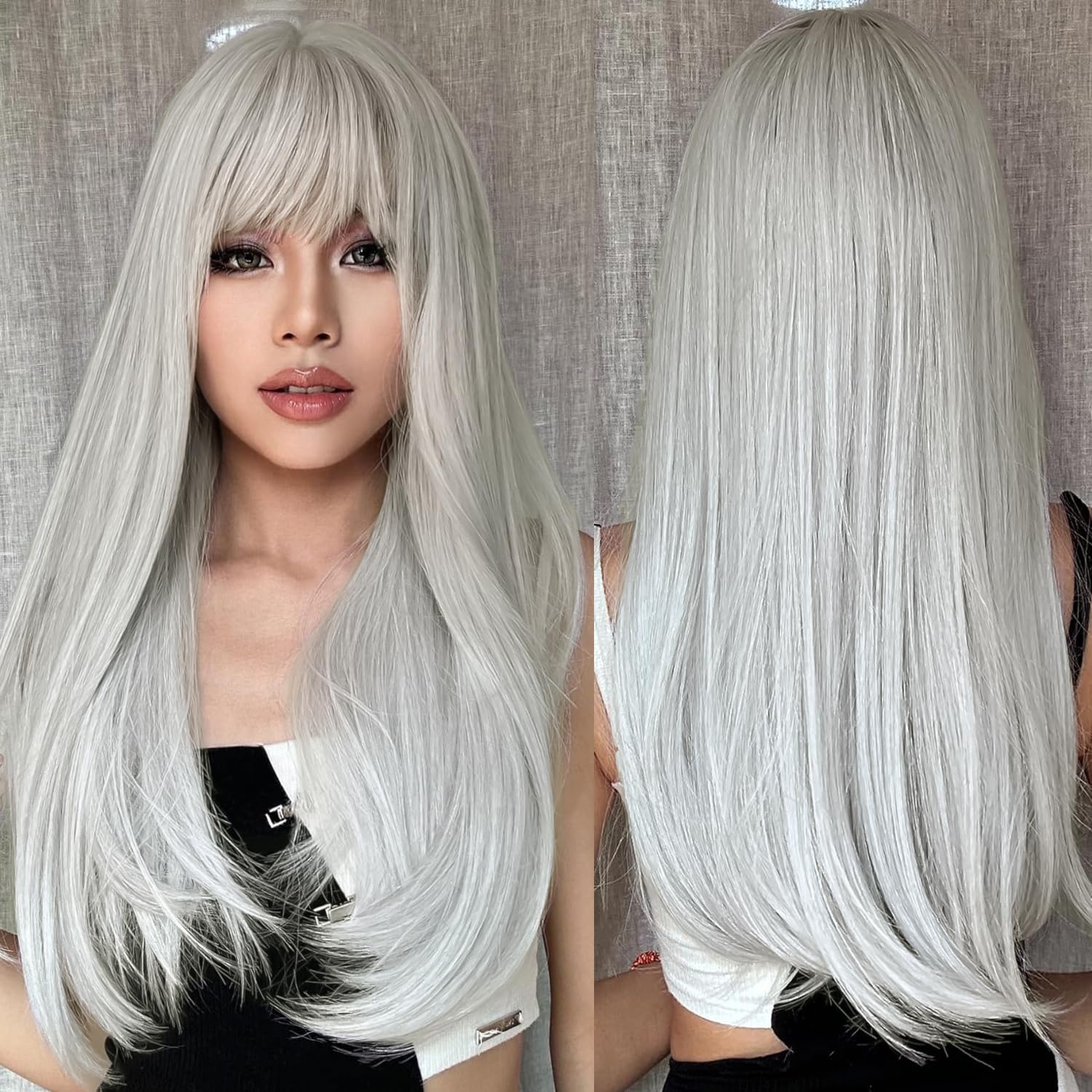 PORSMEER Long Silver Grey Wigs for Women, Layered Straight Synthetic Heat Resistant Hair Wig with Fringe for Ladies Cosplay Party Halloween Costume Anime — image 1