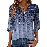Kistore Womens 3/4 Length Sleeve Tunic Tops Casual V Neck Shirts Business Work Blouses Trendy Flowy Tees