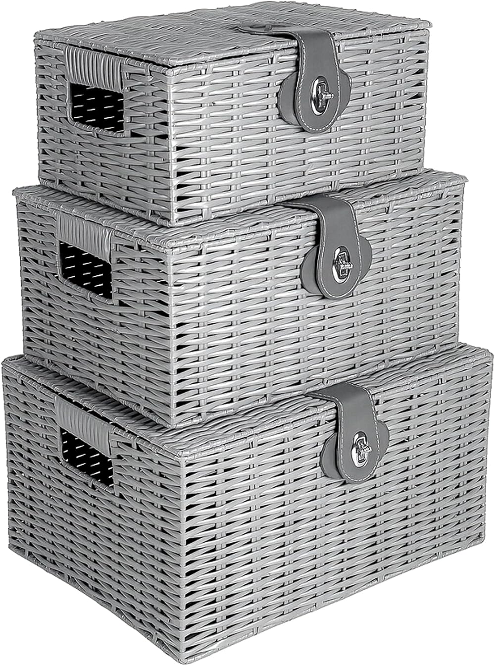Innoteck Wicker Storage Basket Set with Lids Grey – Large, Medium & Small