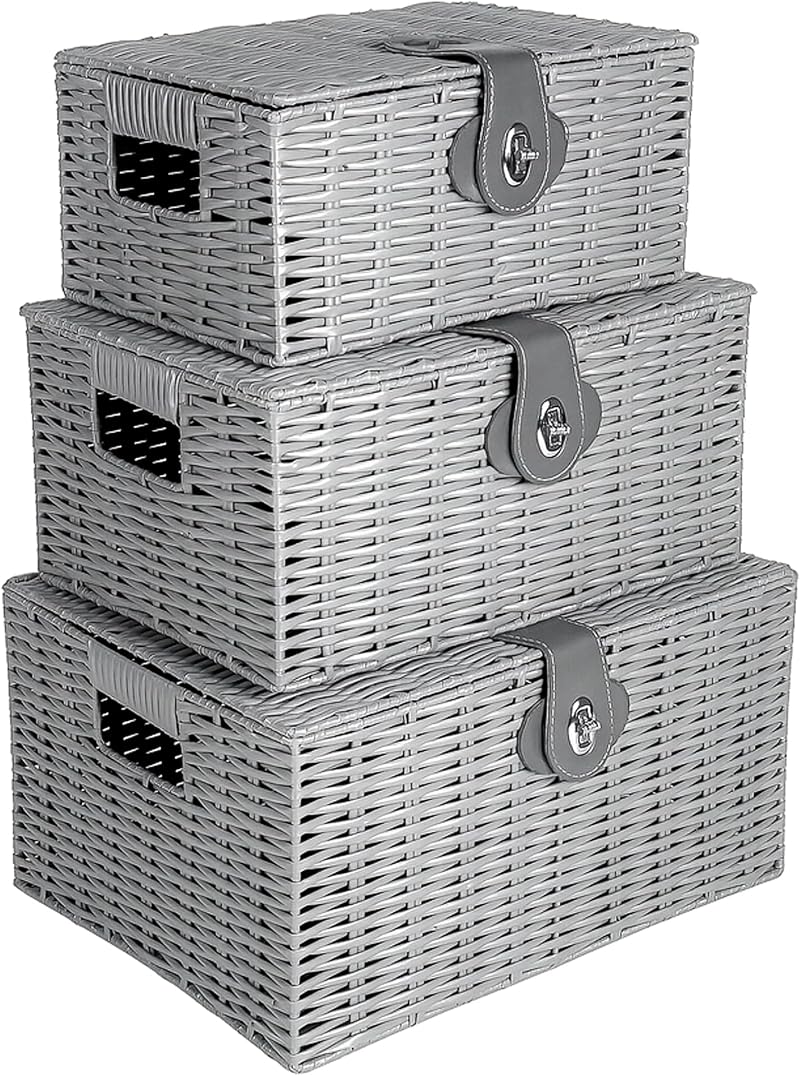 Innoteck Wicker Storage Basket Set with Lids Grey – Large, Medium & Small