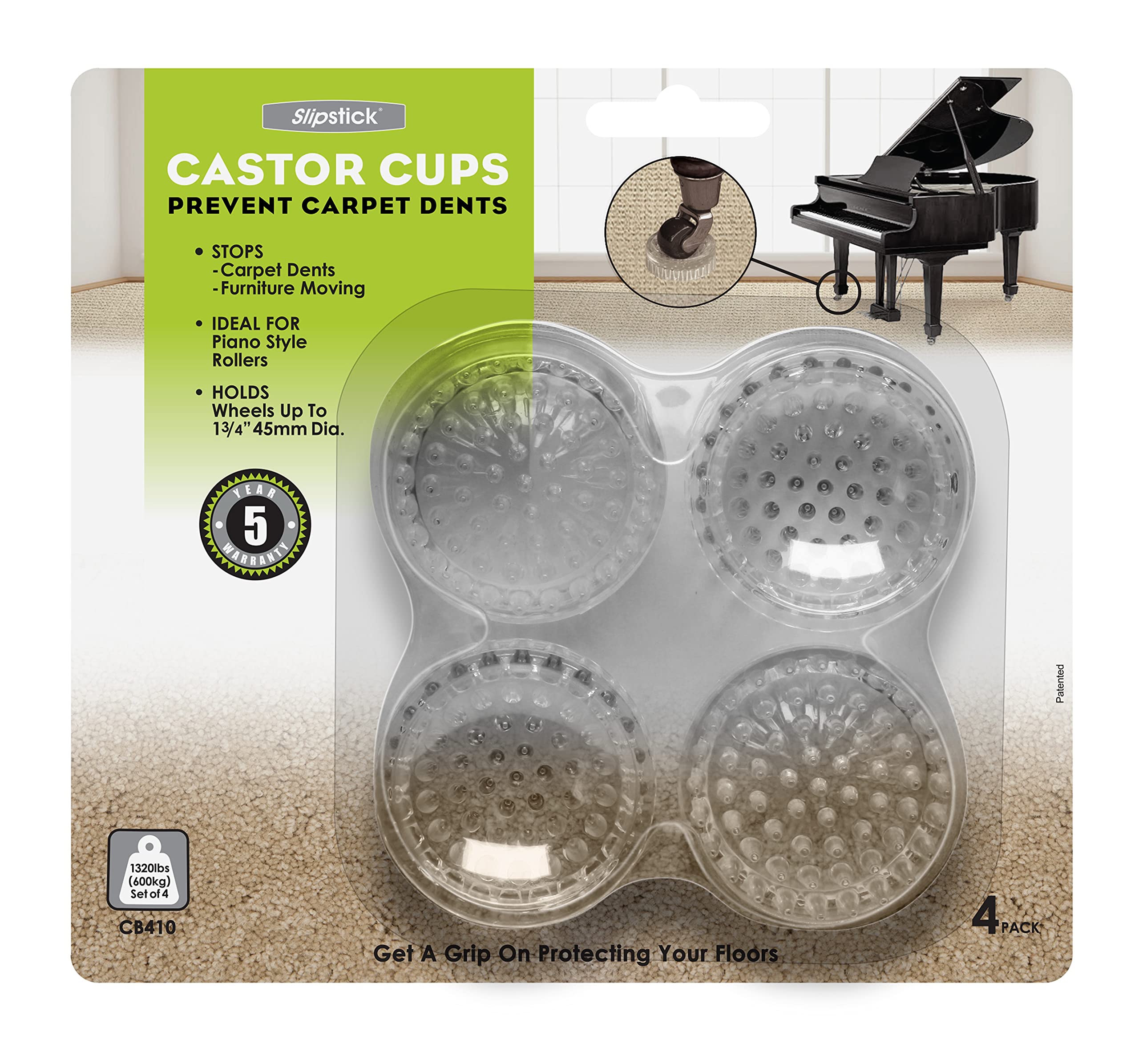 Slipstick CB410 Carpet Protector Caster Cups / Carpet Gripper Cups for Under Furniture (Set of 4) 45 mm Round - Clear Plastic