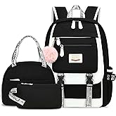 Hey Yoo School Backpacks for Girls Backpack with Lunch Box Teen Girl Bookbag Set Cute School Backpack for Girls (Black)