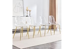 Baysitone Clear Dining Chairs Set of 4, Modern Kitchen Chairs with Transparent Seat, Acrylic Accent Side Chairs with Plating Metal Legs for Dining Room, Kitchen, Living Room with Gold