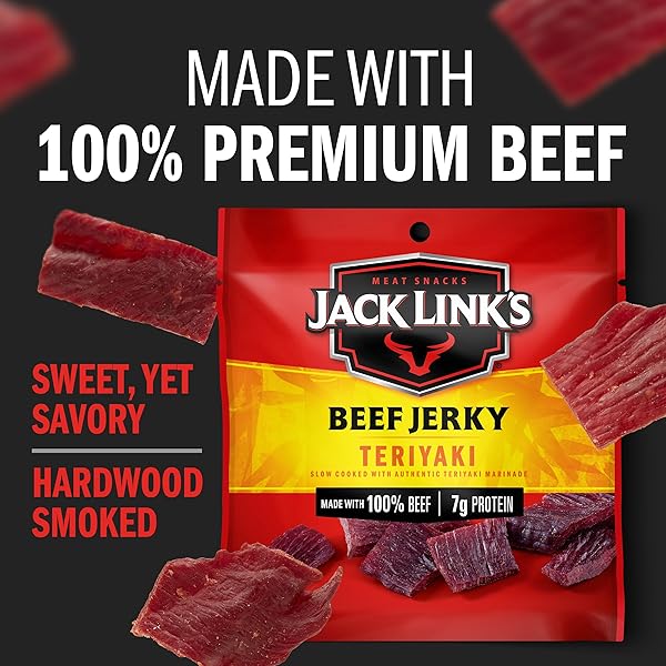 JACK LINK’S BEEF JERKY, TERIYAKI, MULTIPACK BAGS – FLAVORFUL MEAT SNACKS FOR LUNCHES, READY TO EAT PROTEIN SNACKS, INDIVIDUAL PACKS – 7G OF PROTEIN, MADE WITH 100% BEEF – 0.625 OZ (PACK OF 20)