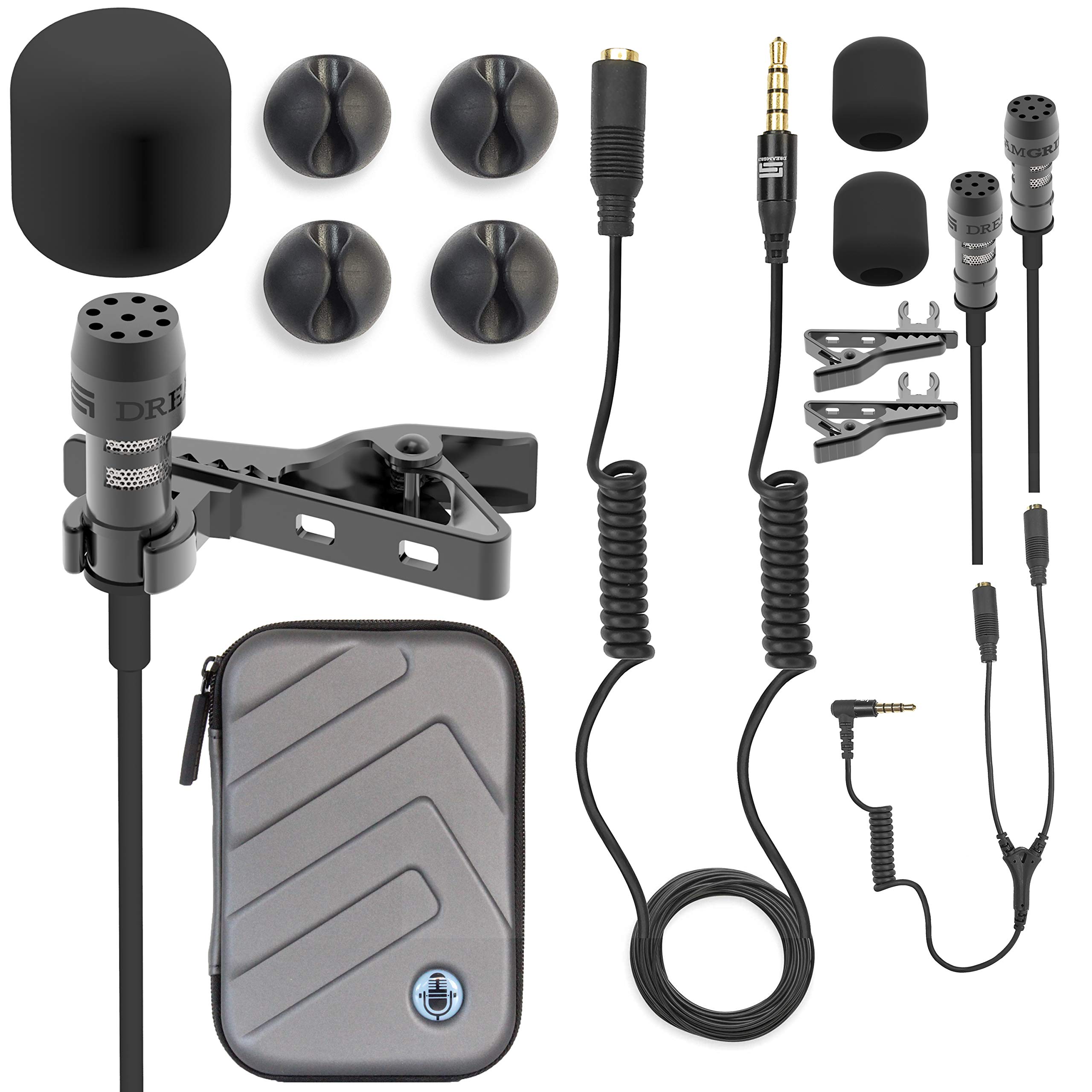 DREAMGRIP 2*HD Lavalier Lapel Microphone Full Accessories pack LAV PRO for iPhone, Samsung, any other phones with Extensions, Invisible Mic Holders & more, best Studio-Quality Sound Kit for YouTubers