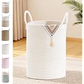 SunNewt 58L Tall Cotton Rope Laundry Basket with Handles, White | Storage Bin for Clothes, Blankets &amp; Kids Toys, Boho Woven Hamper, Portable Organizer for Nursery, Bedroom, Living Room