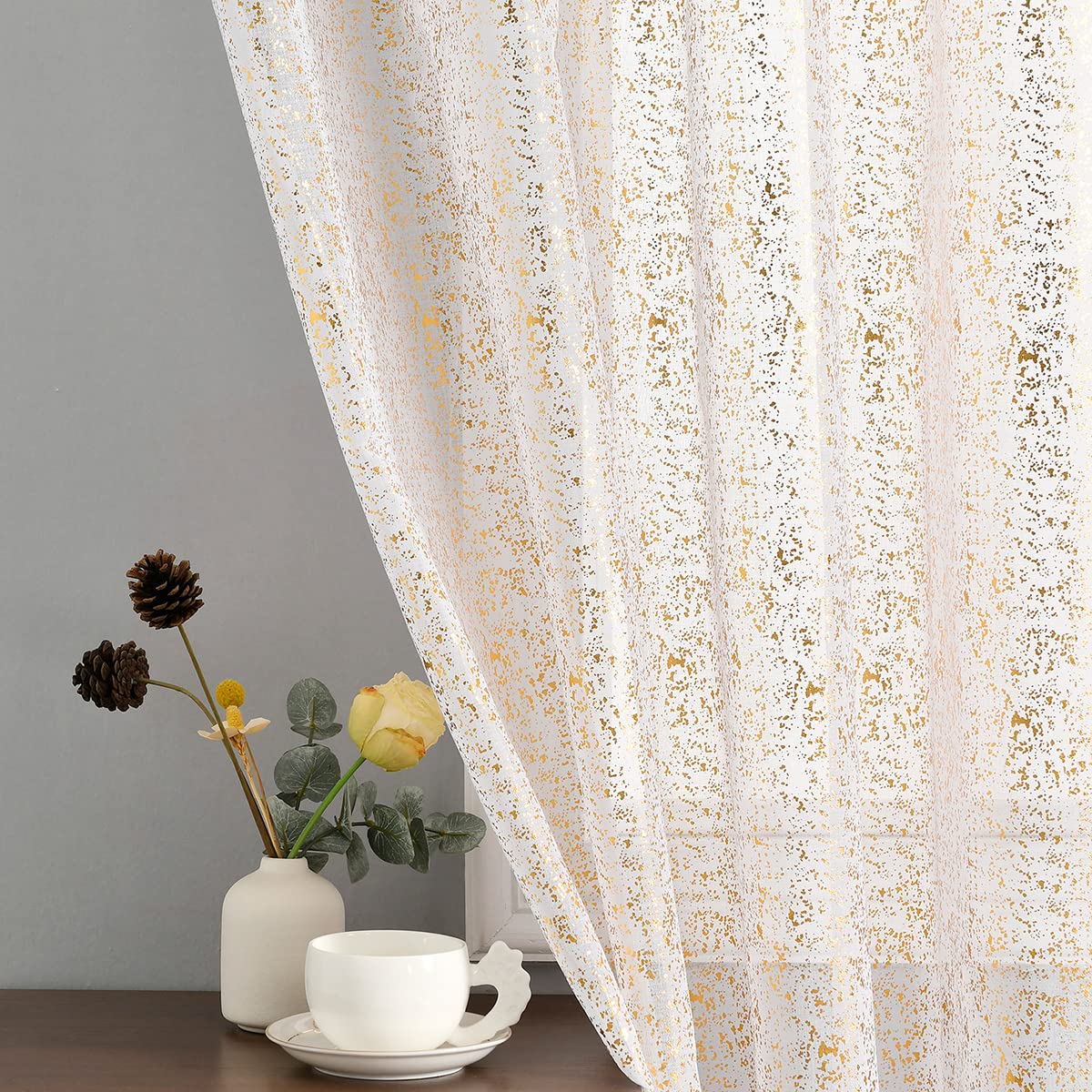 TERLYTEX White and Gold Sheer Curtains - Metallic Sparkle Sheer Curtains, 84 Inch Length for Living Room, Rod Pocket Privacy Glitter Sheer Window Curtains, 52 x 84 Inch, 2 Panels, White and Gold