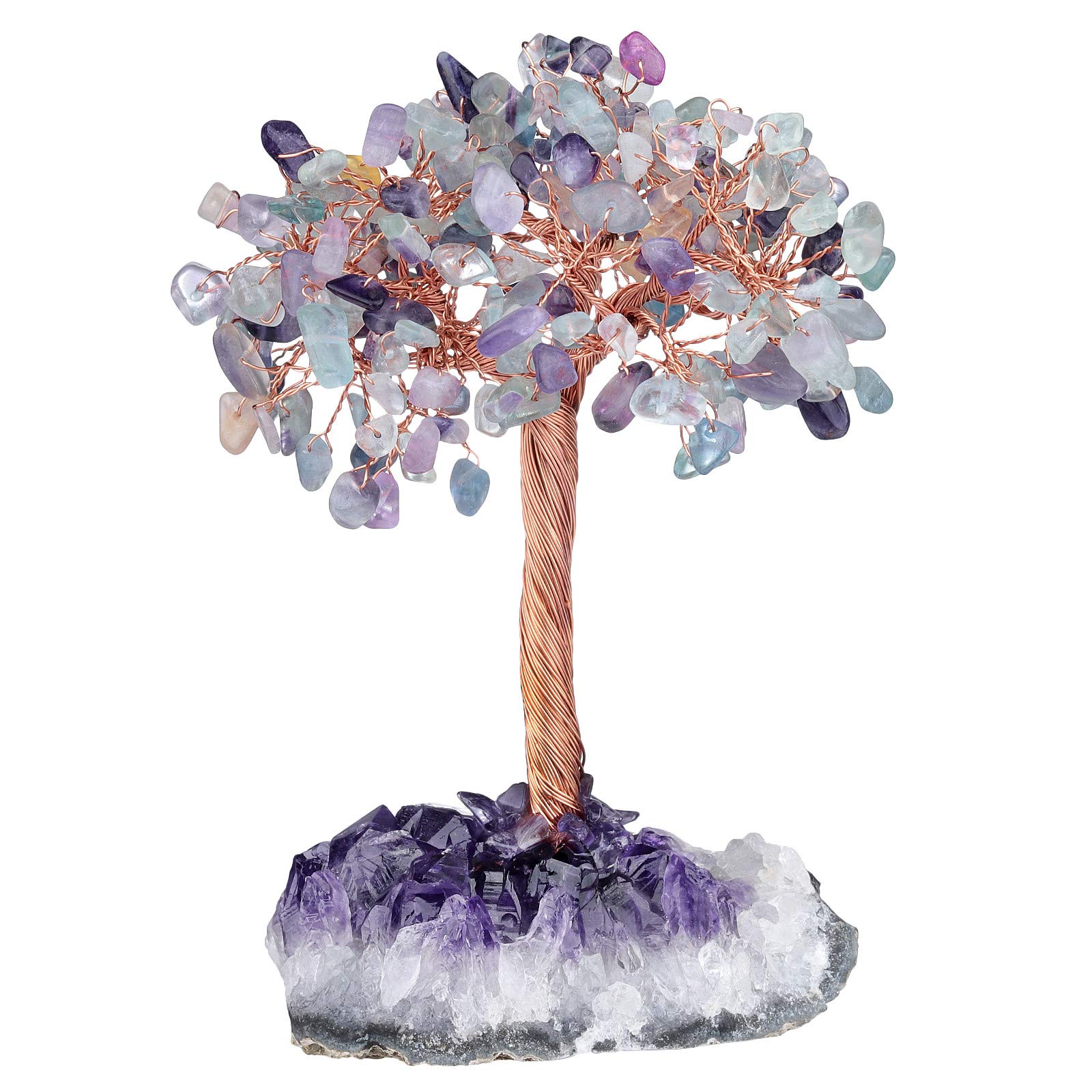 KYEYGWO Healing Fluorite Stone Money Tree for Good Luck Wealth, Handmade Figurine Bonsai on Natural Amethyst Cluster Base 4.5"-6" High