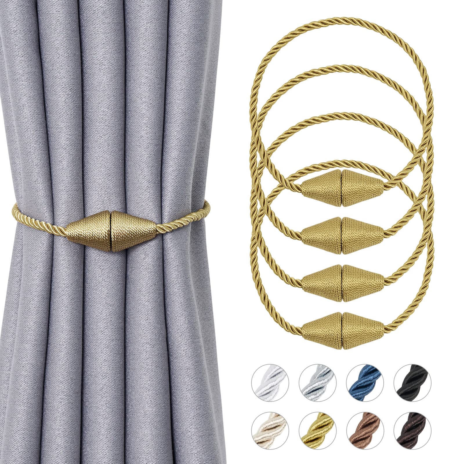 Pretty Jolly 4 Pack Upgrade Magnetic Curtain Tiebacks 16 Inch Handmade Weave Rope Curtain Holdbacks Convenient Decorative Cone Curtain Drape Tie Backs for Home & Office Window Drapery (New Gold)
