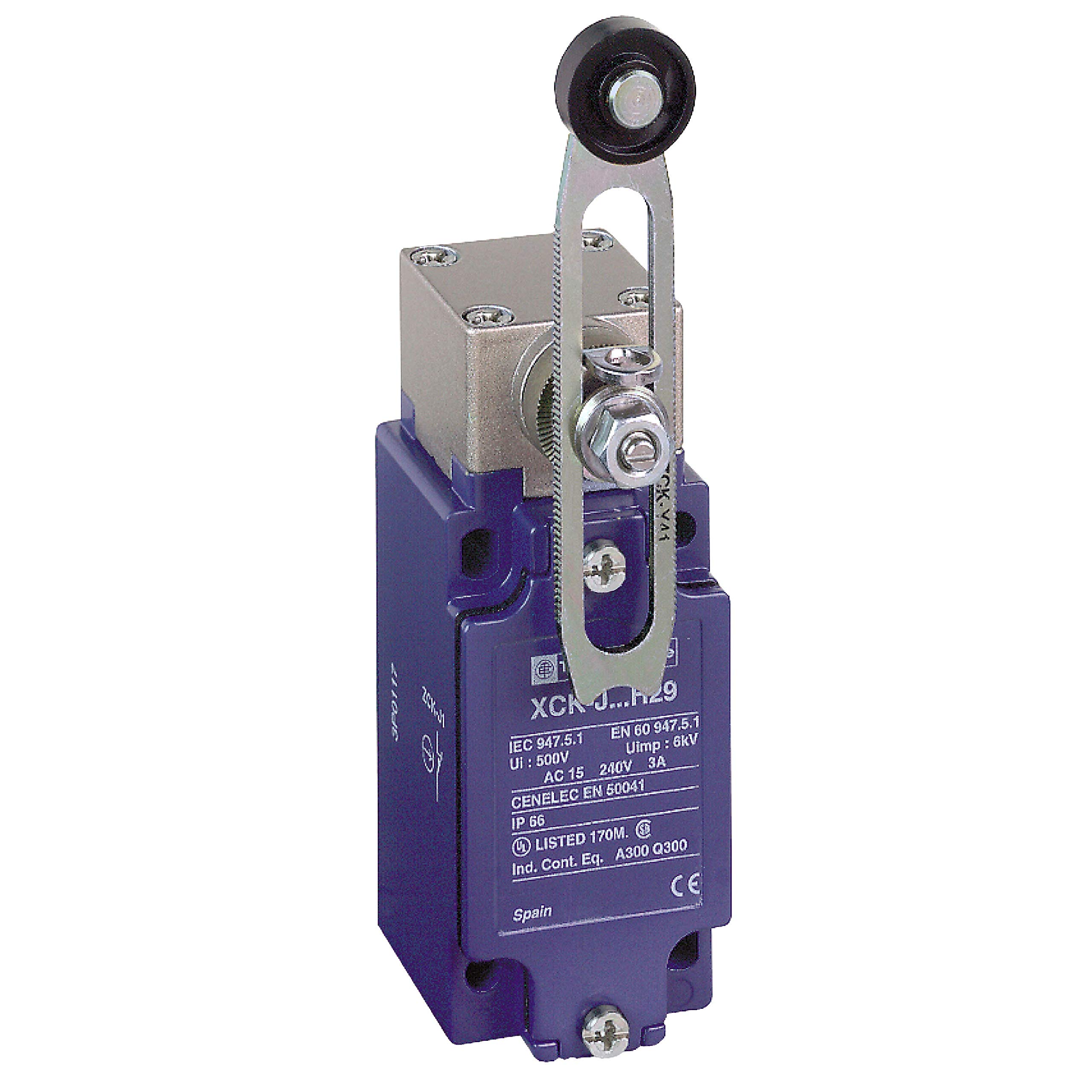 Telemecanique Sensors XCKJ10541H29 Limit Switch with Thermoplastic Roller Lever, Metal, Series XCKJ, Variable Length, Rotary Head, M20 x 1.5 Cable Gland, 1 NC + 1 NO Snap Action Contacts