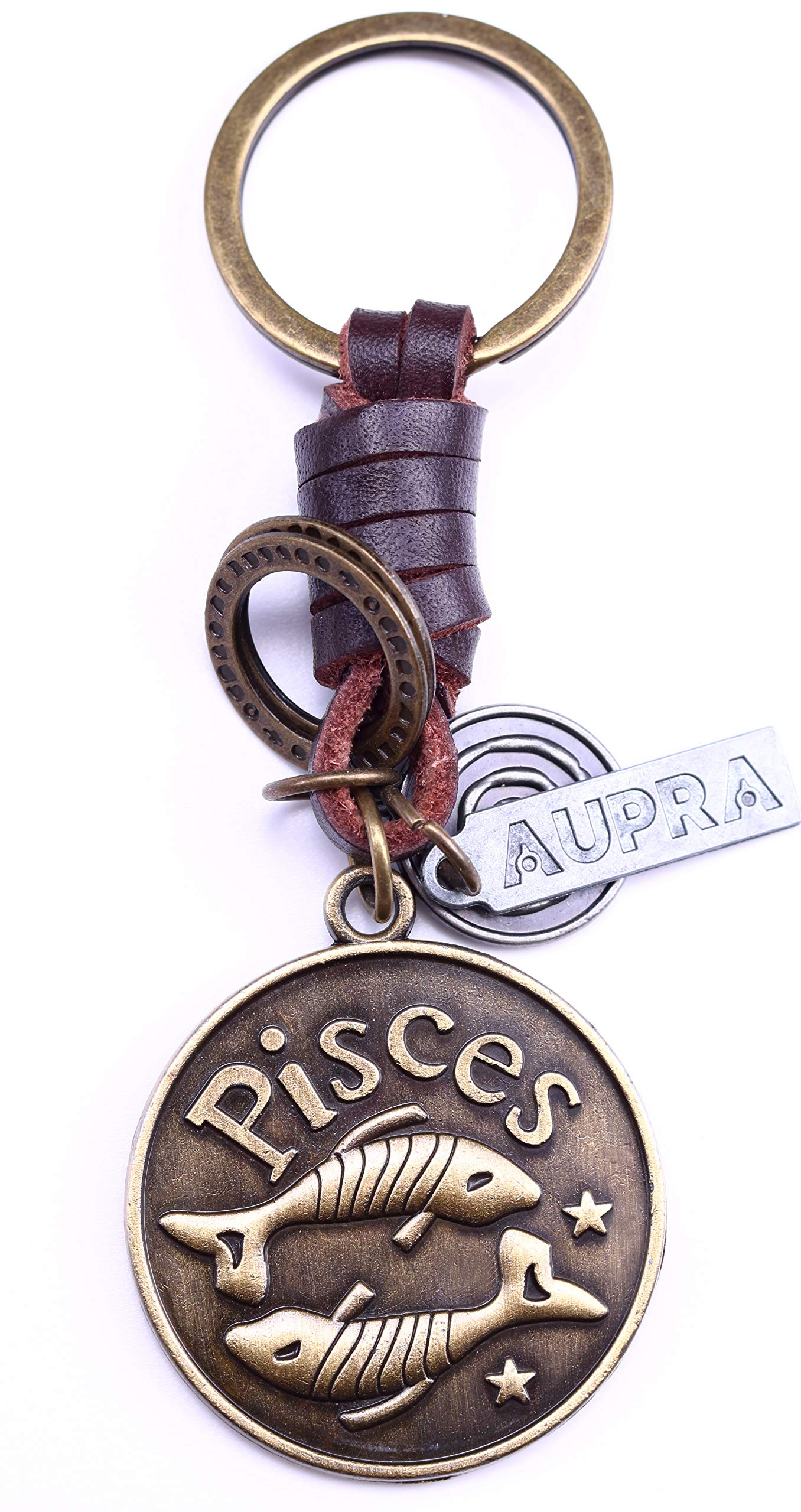 AuPra Pisces Zodiac Leather Keyring Best Friend Gift Idea Women & Men Safe House Keychain Fishes Horoscope Simbol Charm Girl & Boy Friendship Small Present Car Key Ring Pendant