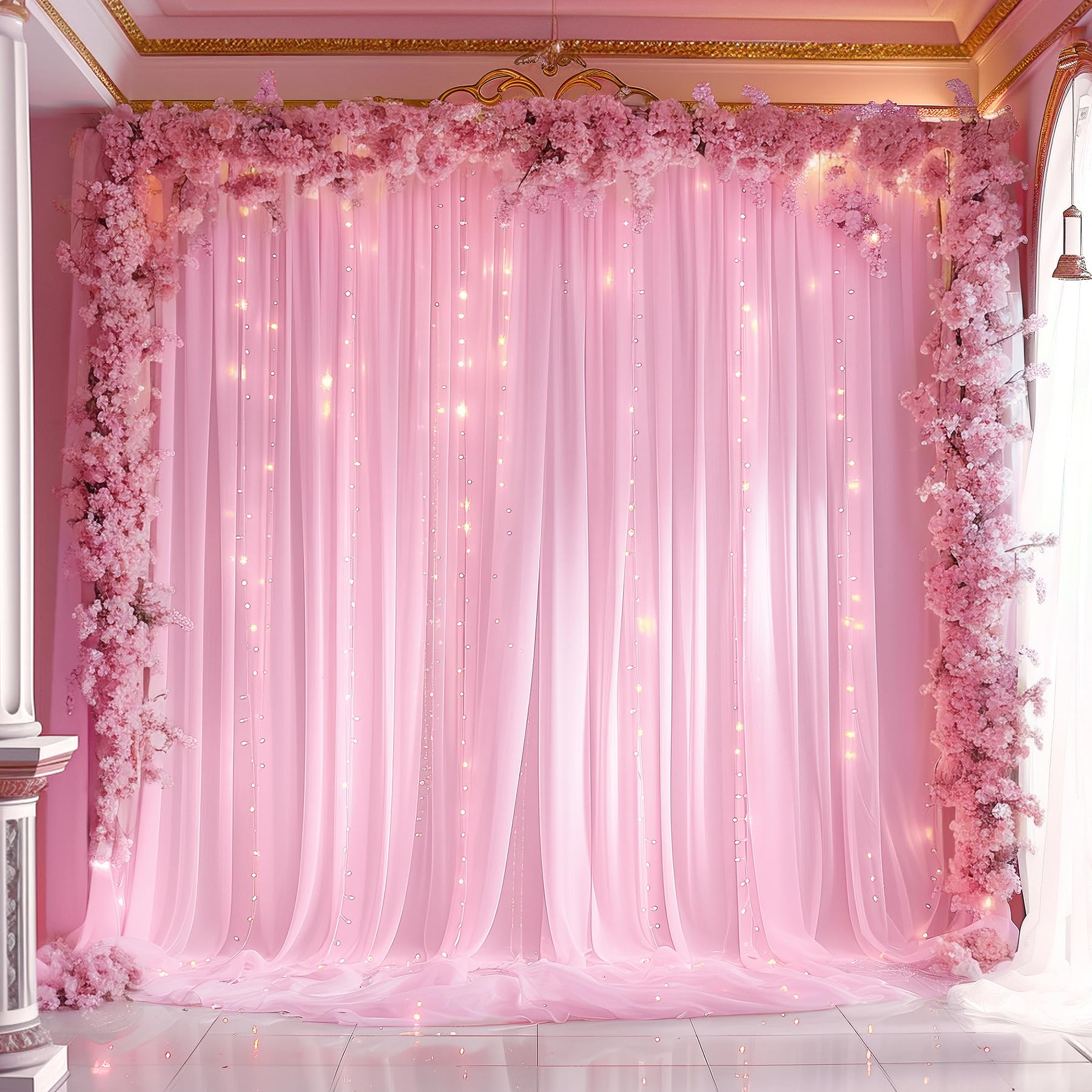 Photo 1 of 10ft x 10ft Pink Backdrop Curtain with Lights String for Parties, Sheer Tulle Wedding Photo Backdrops Drapes for Baby Shower Birthday Party Decorations Background for Photography