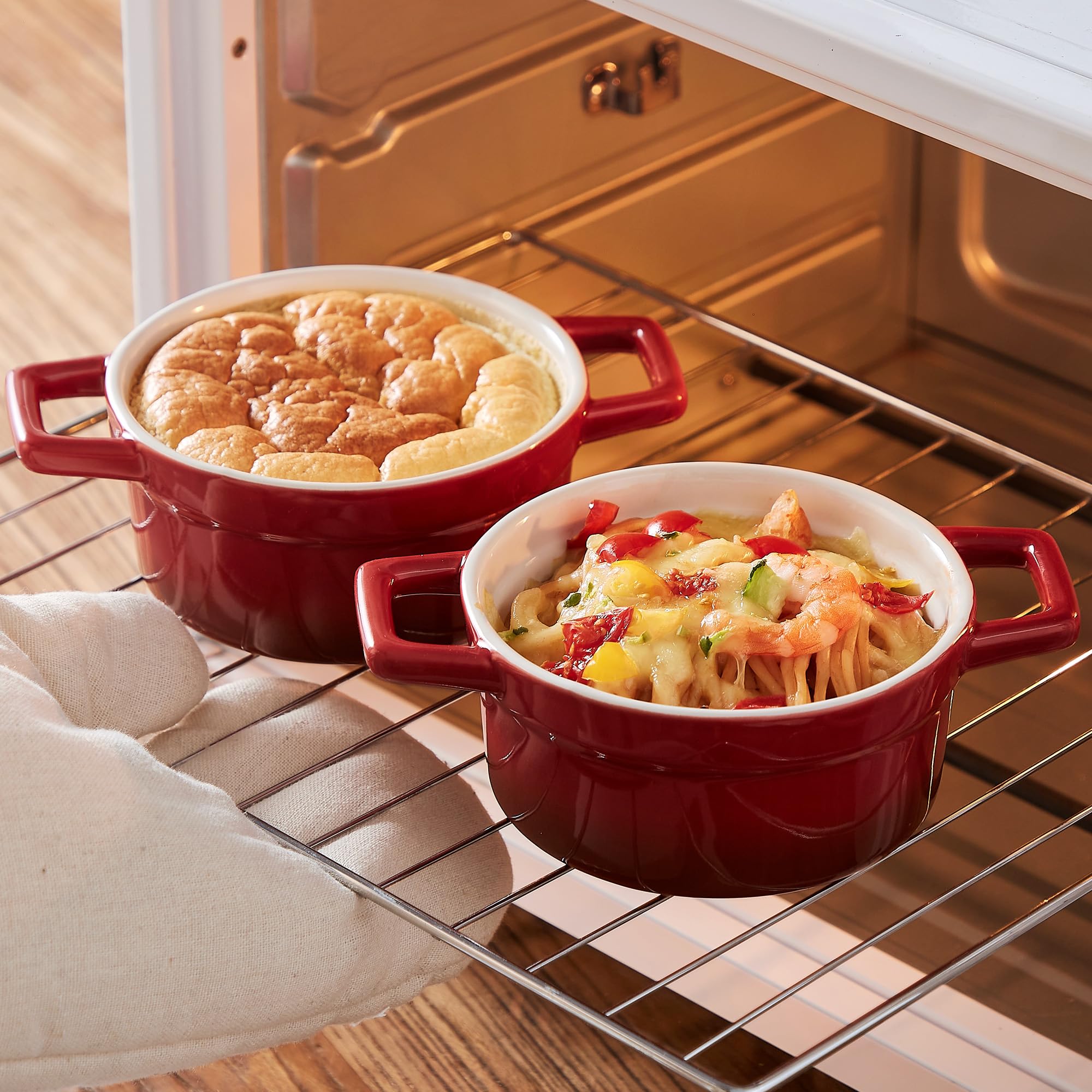 Lareina Mini Cocotte - 12oz Ceramic Casserole Dishes - Kitchen Casserole Sets With Handles And Lid - Small Baking Ramekins - Oven, Microwave & Dishwasher Safe - Set of 4 - Red
