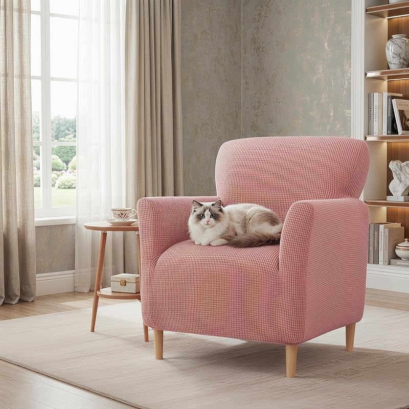LiveGo Stretch Banquet Armchair Slipcover Pink, Non-Slip Waterproof Knit Chair