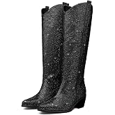 RKQ Women's Sparkly Rhinestone Western Cowboy Boots Glitter Side Zipper Pointed Toe Chunky Block Heel Knee High Cowgirl Boots Bling Party Dating Rave Shoes for Girl