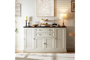 IFGET Farmhouse 58" Buffet Cabinet with Storage, 34" Tall Coffee Bar Cabinet w/2 Large Drawers & 4 Grooved Barn Doors, Wood Rustic Sideboard Buffet Cabinet for Dinning Room, Kitchen, Living Room,White