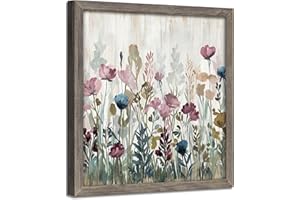 ARTISTIC PATH Colorful Floral Framed Wall Art: Rustic Pink Flower Painting Abstract Botanical Picture Vintage Blossom Artwork Farmhouse Wooden Decor for Bedroom