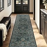 Woaboy Washable 2x6 Runner Area Rug, Hallway Kitchen Bedroom Beside Laundry Room Bathroom Rug，Non-Slip Low Pile Stain Resistant Soft Carpet for Vintage Boho Floral Home Decor Dark Green/Navy/Black