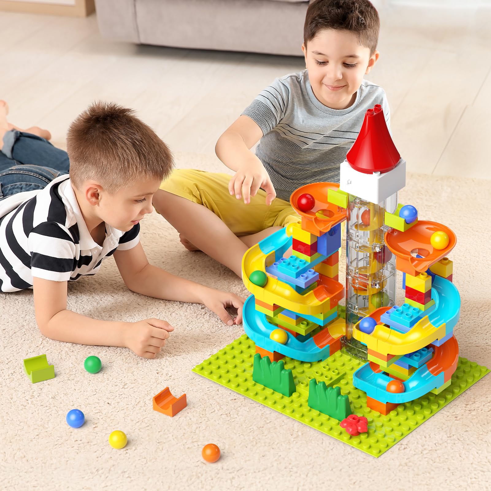 Electric Marble Run with Automatic Elevator Lift - STEM Building Toy for Kids Ages 4-8, 102 PCS Construction Set with 10 Marbles & Transparent Track, Compatible with Standard Building Blocks