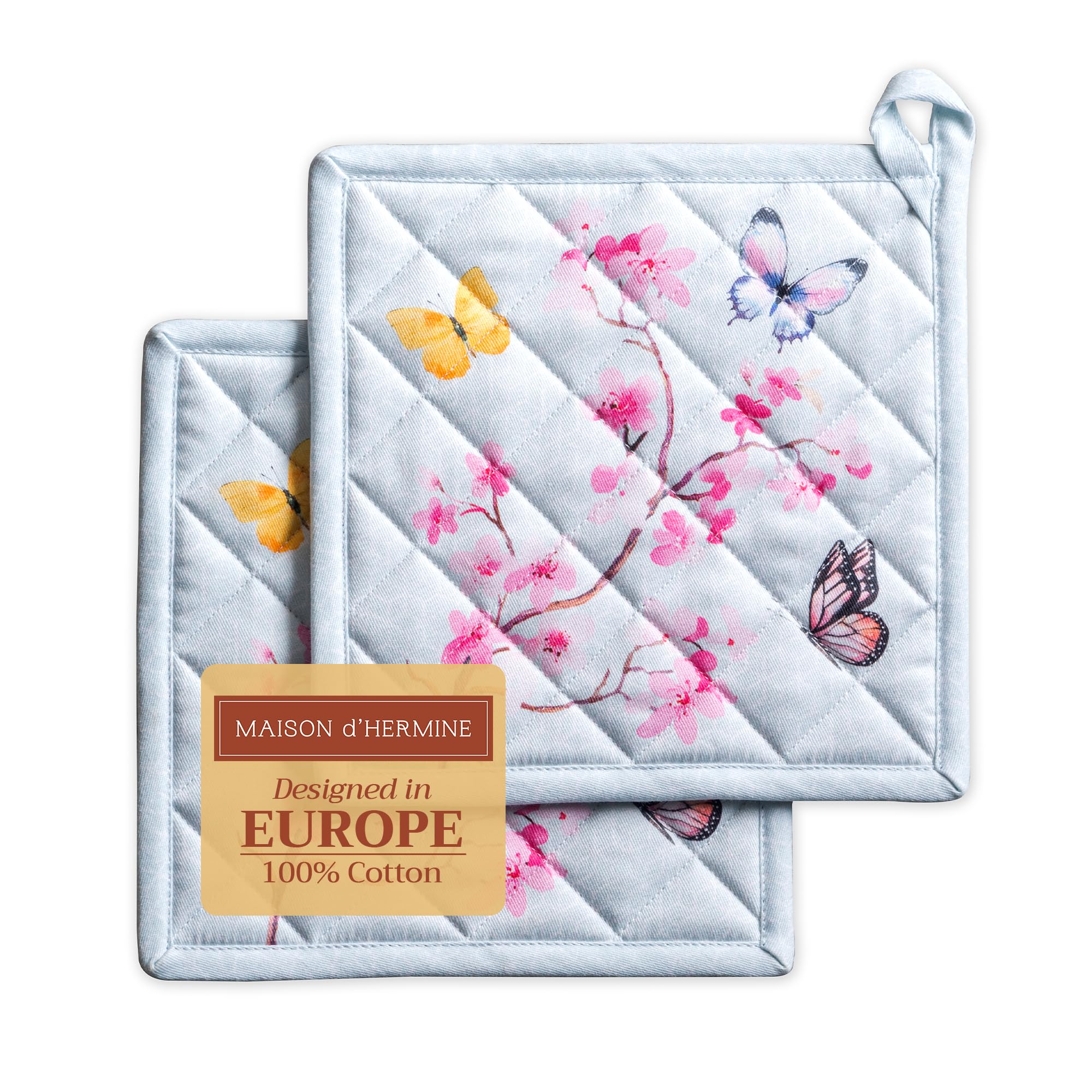 Maison d' Hermine Blossoms In Spring 100% Cotton Pot Holders with Loop Heat Resistant for Barbecue, Baking, Microwave, Spring/Summer (20cm x 20cm), Mother's Day (Pack of 2)