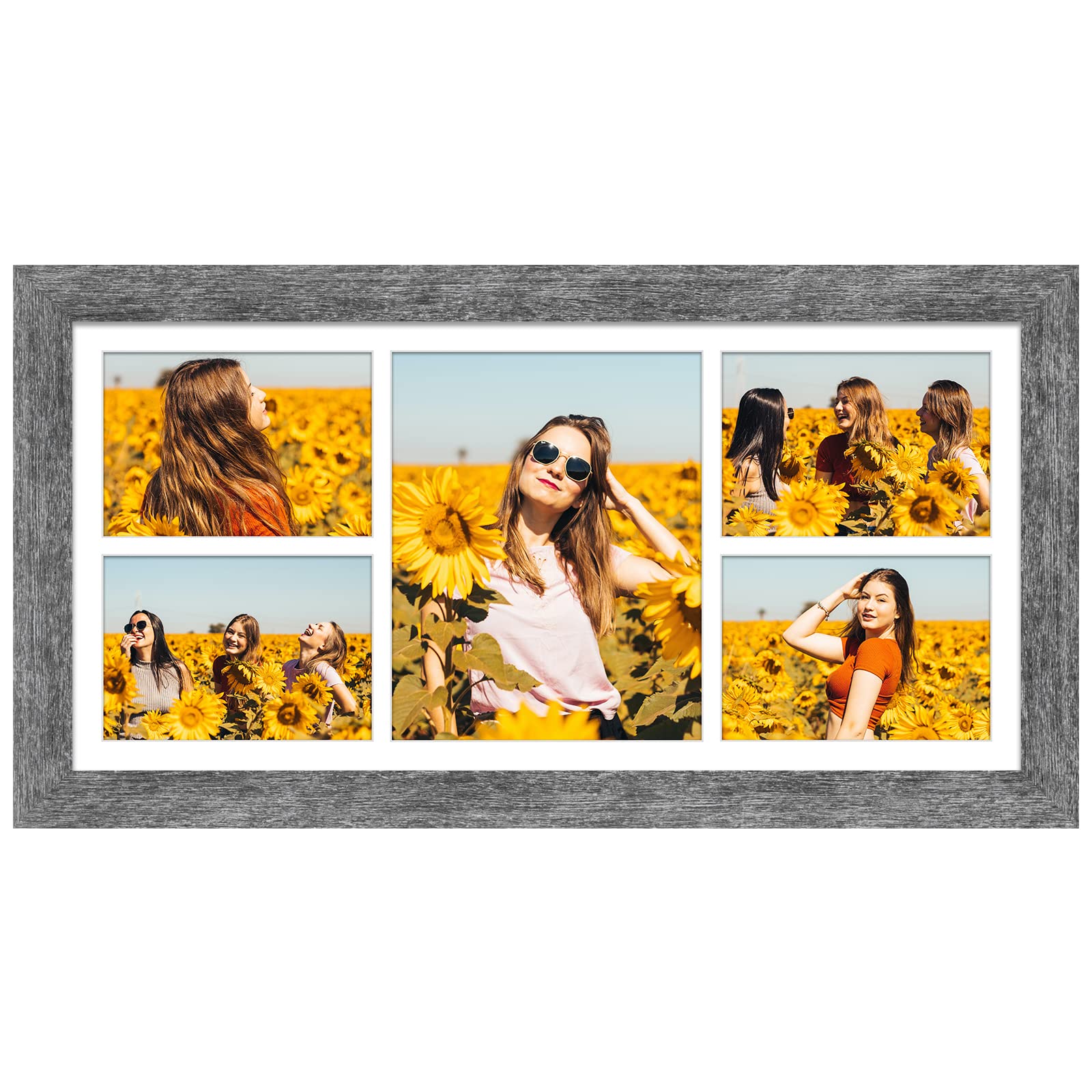 Photo 1 of Gaevuian 11x23 Picture Frame Display 5 opening 5x7 and 8x10 Picture Frame Collage,Multi Photo Frame with Mat,Plexiglass,Horizontal and Vertical Formats for Wall Decor,Grey Wood Grain