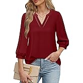 Unixseque Women's 3/4 Length Sleeve Blouses Chiffon V Neck Business Casual Tops Ladies Work Shirts