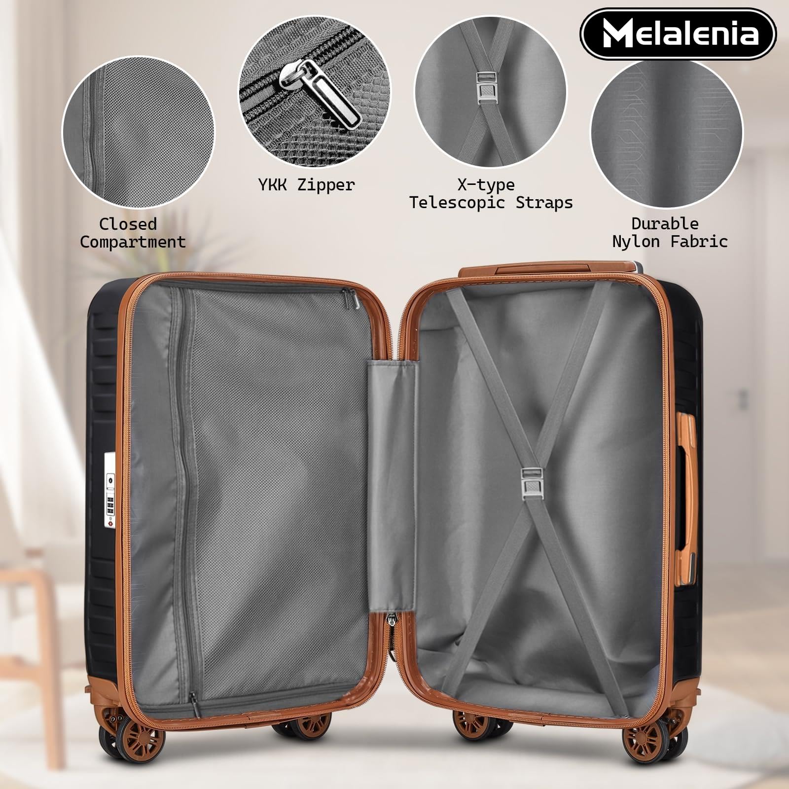 Melalenia Luggage Sets 7 Piece Suitcase Set, Hard Shell Carry on Luggage Travel Suitcases with Spinner Wheels and TSA Lock, Lightweight Luggage Set for Women, Black Brown