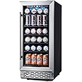 Phiestina 15 Inch Beverage Cooler Refrigerator - 96 Can Built-in or Free Standing Beverage Fridge with Glass Door for Soda Be