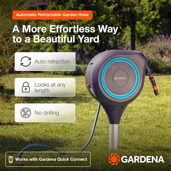 GARDENA AUTOMATIC RETRACTABLE GARDEN HOSE REEL – 66 FEET – 360 DEGREE SWIVEL OUTDOOR HOSE REEL WITH METAL SPIKE BASE – AUTO RETRACT – UV RESISTANT HOUSING – EASY INSTALL NO TOOLS REQUIRED – 18614