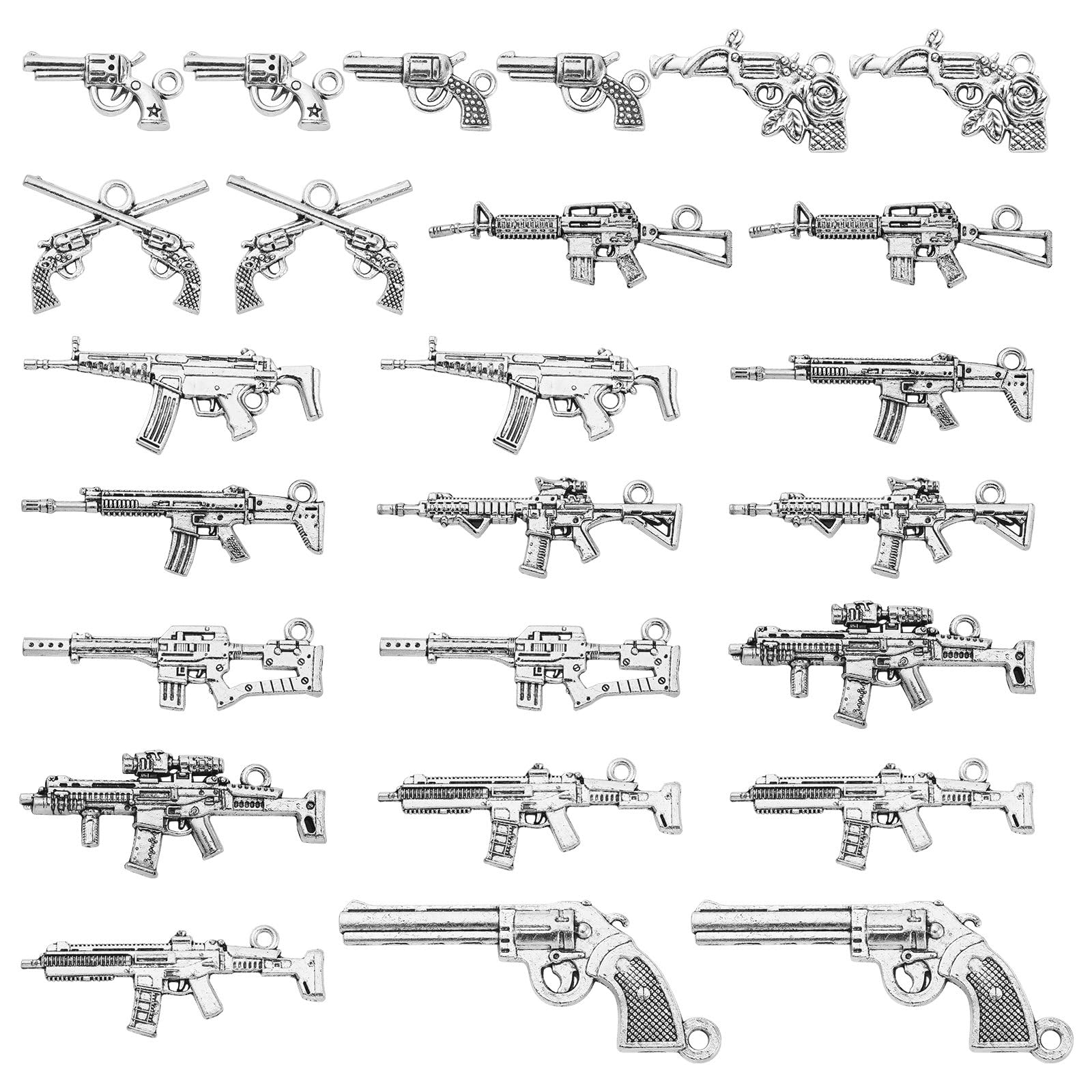 Stiesy 60Pcs 12 Styles Antique Silver Gun Charms - Vintage Pistol, Rifle, Tibetan Submachine Gun for DIY Crafts Jewelry Making