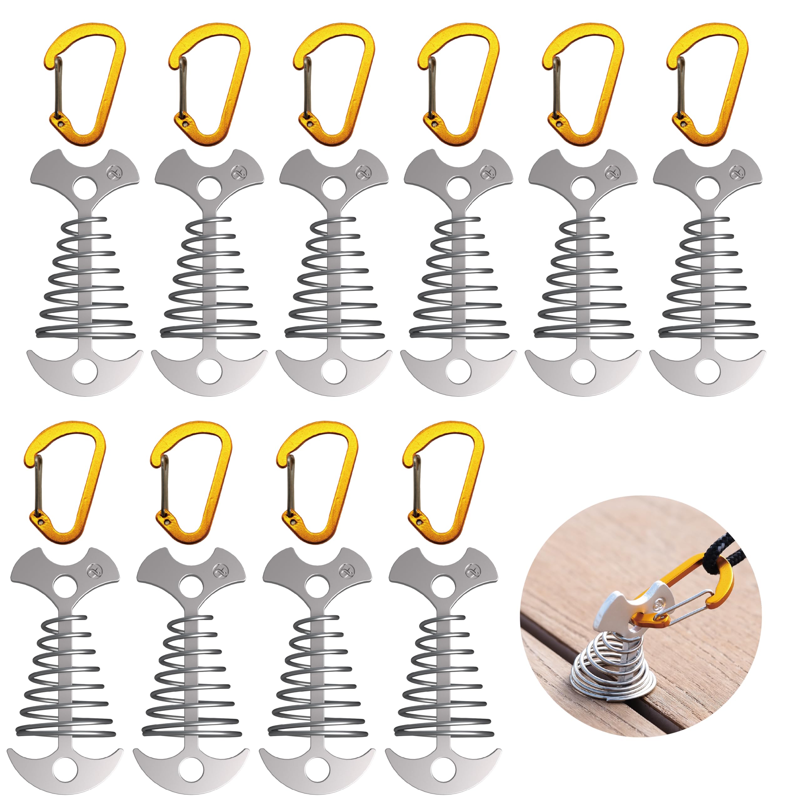 NACETURE Deck Anchors Pegs With Carabiners - Tie Down Anchor Rope Tensioner | Rope Tent Tie Down Stakes Clips, Canopy Tent Anchors Outdoor camping tent accessories 10 Pack (Sliver)