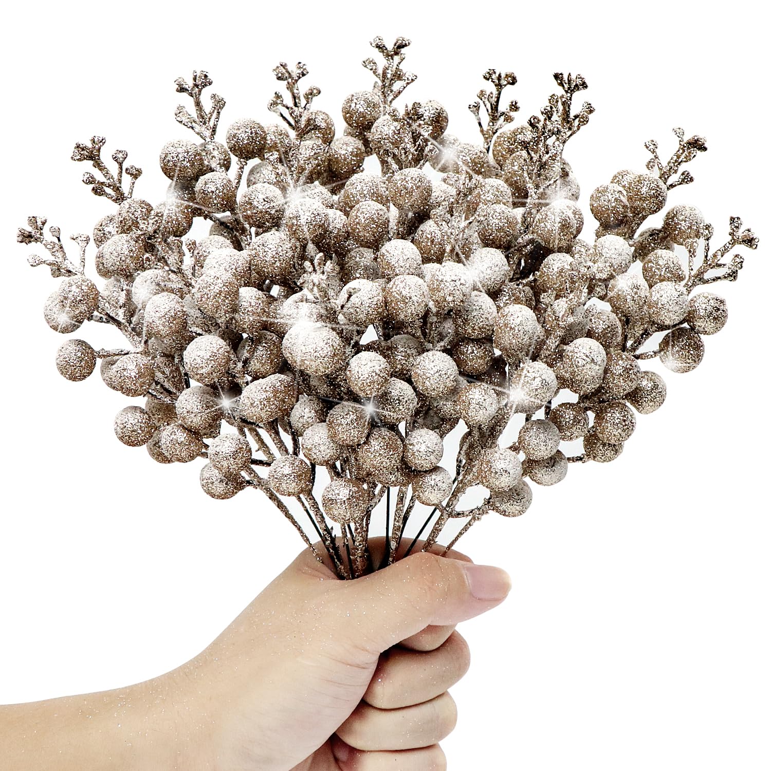 KKSTY Pack of 16 Artificial Frosted Berry Picks, 22cm Christmas Glitter Berries Stems Snowy Holly Berry Branches for Xmas Tree Decoration DIY Crafts Wreath Making Supplies Home Decor(Champagne Gold)