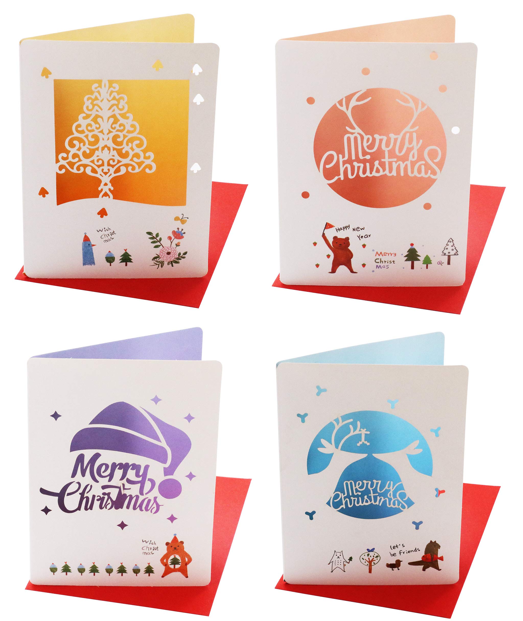 12 Pack Small Size Merry Christmas Greeting Cards & Envelopes, 5.5" x 3.6" Size, Christmas Hat Deer Tree Delicate Hollow Out Design with Red Envelope, Pack of 12