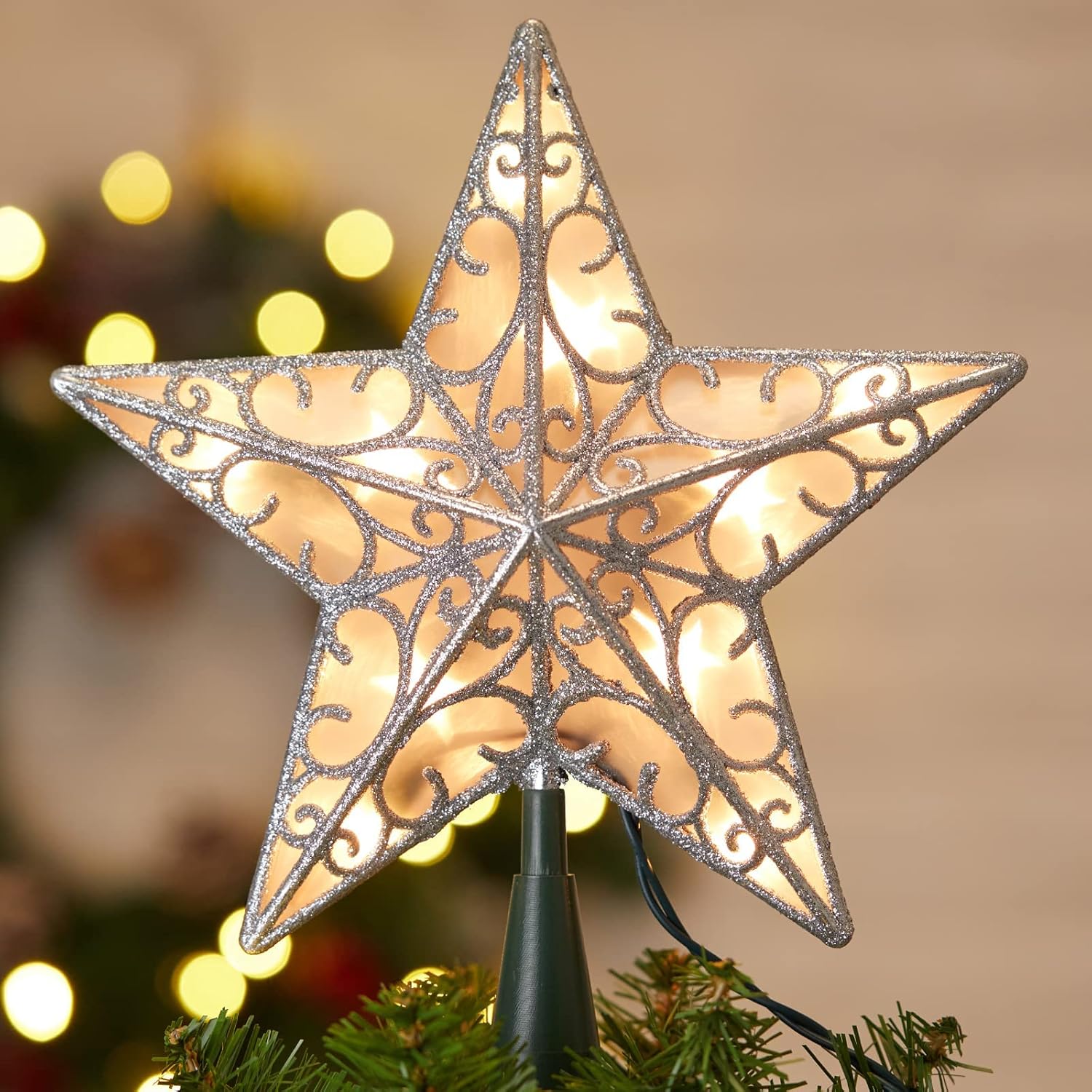Tree Toppers - Christmas Star Tree Topper, Plug in Sliver Glittered 3D Star Tree Topper, Metal Hollow Designed Built-in 10 Bulbs String Lights for Indoor Office Christmas New Year Holiday Tree Decoration