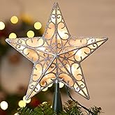 Christmas Star Tree Topper, Plug in Sliver Glittered 3D Star Tree Topper, Metal Hollow Designed Built-in 10 Bulbs String Lights for Indoor Office Christmas New Year Holiday Tree Decoration